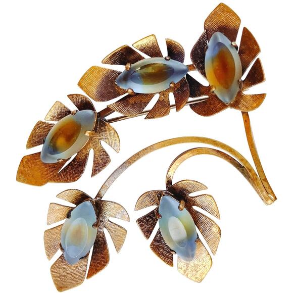 VTG Signed Triad Mid Century Brooch Moonglow Glass Leaf Gold Tone 1950s 1960s - Picture 1 of 10